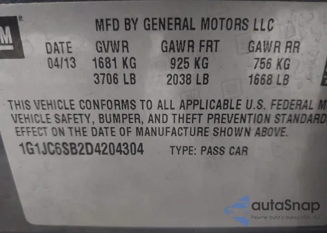 2013 Chevrolet Sonic Lt Auto from USA, damaged, VIN 1G1JC6SB2D4204304